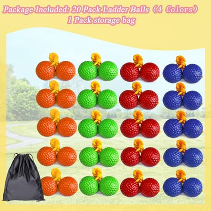 20 Packs Ladder Balls with Bags, 5 Pack x 4 Colors Ladder Replacement Ball for Garden Outdoor Throwing Game (Orange Blue Red Green, Each 5pcs)