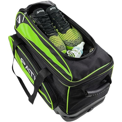 Pyramid Path Premium Deluxe 2 Ball Double Roller Bowling Bag With Large Separate Shoe Compartment (Up To US Mens Size 15) and Oversized Accessory Pocket, Retractable Locking Handle - Extends to 37" - color: Lime