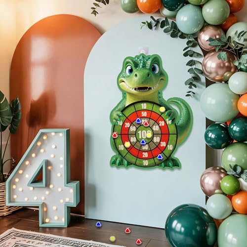 Cartoon Dinosaur Themed Toss Game Banner with 12 Sticky Balls, 30” Large Dino Dart Board for Indoor Outdoor Games Birthday Party Supplies
