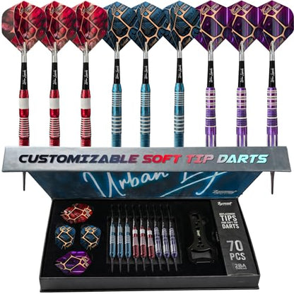 IgnatGames Soft Tip Darts, 9 Pack for Electronic Dartboards, Urban Legends | 16-18g stainless steel, multi-zone grips, 24 GlideXPro flights, 70 spare 2BA tips, magnetic case, Companion App - color: 18g LA Starlight