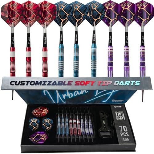 IgnatGames Soft Tip Darts, 9 Pack for Electronic Dartboards, Urban Legends | 16-18g stainless steel, multi-zone grips, 24 GlideXPro flights, 70 spare 2BA tips, magnetic case, Companion App - color: 18g LA Starlight