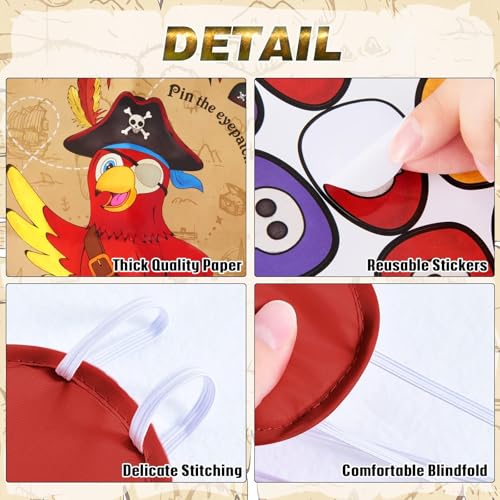 WERNNSAI Pin the Eyepatch on the Pirate - Pirate Birthday Party Supplies for Kids Boys Halloween Treasure Hunt Party Game 28" x 21" Parrot Poster with 24 Stickers and Blindfold - style: Pirate