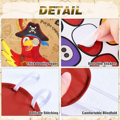 WERNNSAI Pin the Eyepatch on the Pirate - Pirate Birthday Party Supplies for Kids Boys Halloween Treasure Hunt Party Game 28" x 21" Parrot Poster with 24 Stickers and Blindfold - style: Pirate