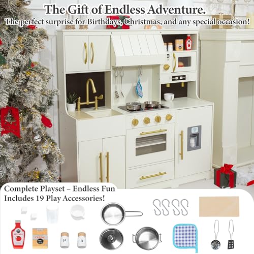 inFUNSAME Wooden Play Kitchen for Kids with Lights and Sounds,19 Accessories,Modern Design Upgraded Interactive Pretend Toddler Toy Kitchen PlaySet, Gift for Boys & Girls Ages 3+ (Cream White) - color: Cream White