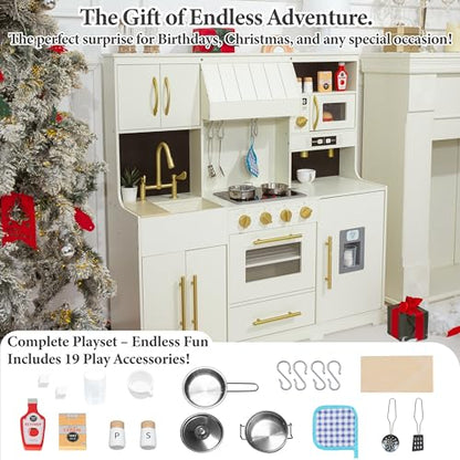 inFUNSAME Wooden Play Kitchen for Kids with Lights and Sounds,19 Accessories,Modern Design Upgraded Interactive Pretend Toddler Toy Kitchen PlaySet, Gift for Boys & Girls Ages 3+ (Cream White) - color: Cream White