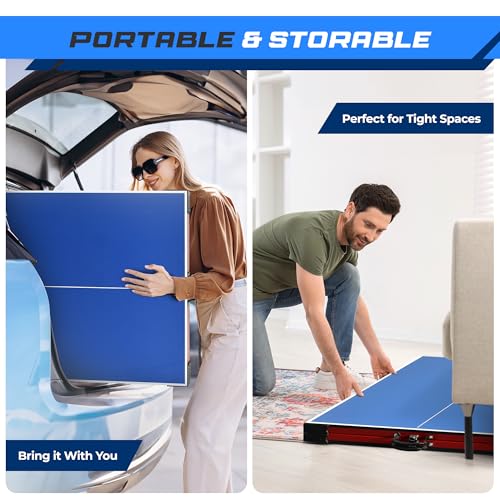 SereneLife Midsize Foldable Ping Pong Table Set with Net, Clipper, Post - 6' x 3' Portable Space-Saving Design, Blue