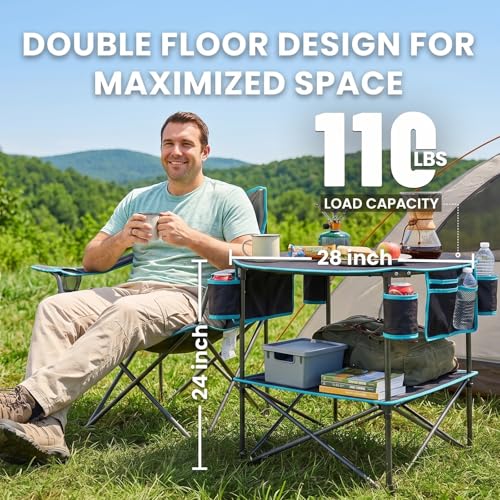 FUNDANGO Portable Camping Table Foldable, Lightweight 2-Tier Folding Beach Table with 4-Cup Holders & Carry Bag for Picnic Tailgate Backyard Outdoor