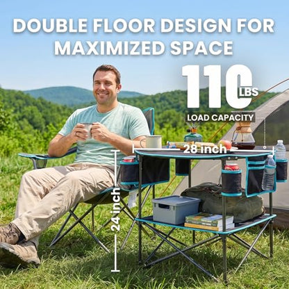 FUNDANGO Portable Camping Table Foldable, Lightweight 2-Tier Folding Beach Table with 4-Cup Holders & Carry Bag for Picnic Tailgate Backyard Outdoor