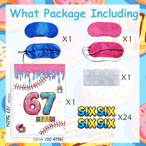 67 Meme Themed Pin the Tail Party Game, Birthday Donut Design with Blindfolds and Stickers, 70x52cm