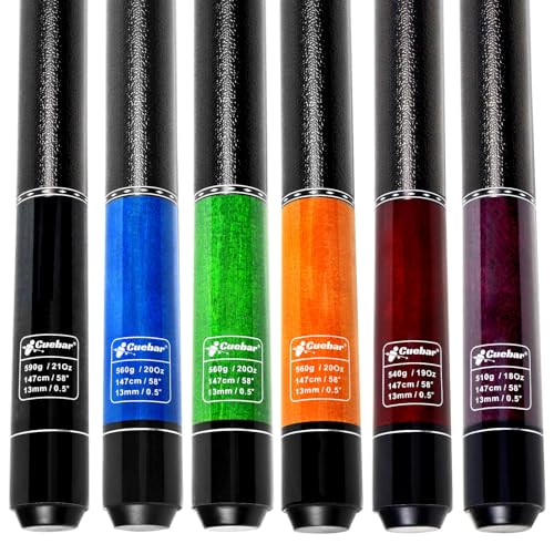 Set of 6 Pool Cues for House Bar, 58" 2-Piece Maple Billiard Sticks | 6 cues 18-21oz: 6 assorted colors. Imitation leather grip. For commercial & family group. Gift/self-use - color: Purple+Red+Orange+Green+Blue+Black