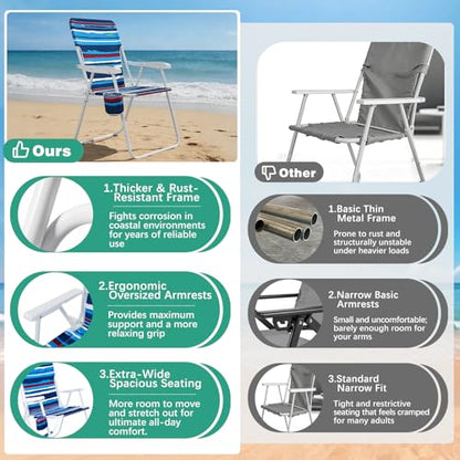 SunnyFeel 15" Tall Folding Beach Chair for Adults 2 Pack, Oversized Portable High Seat Sand Chair Heavy Duty 300 LBS, Foldable Camping Lawn Chairs for Camp/Outdoor/Travel/Picnic/Concert/Sports
