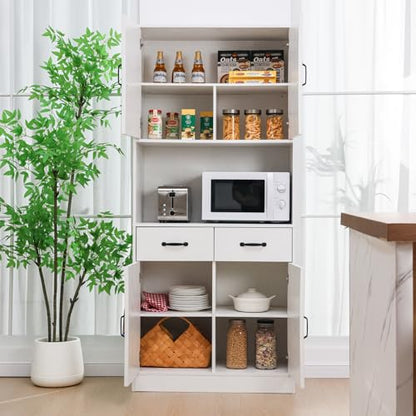 71" Tall Kitchen Pantry Cabinet，Farmhouse Storage Cabinet with Barn Doors and Adjustable Shelves, Heavy Duty White Microwave Cabinet with Drawers for Dining Room, Living Room - color: White, style: Pantry Cabinet