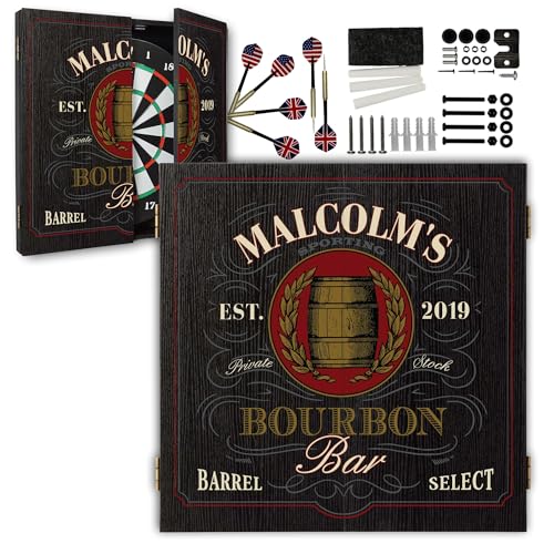 Personalized Dart Board Cabinet Set with 6 Steel Tip Darts, Paper Dartboard, Chalk & Eraser (21.5 x 21.5 x 2.75) - Man Cave Dart Boards for Adults - style: Bourbon Bar