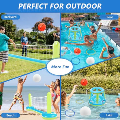 Jasonwell Pool Toys Games Set - 3 in 1 Pool Volleyball Net Basketball Hoop Ring Toss Game Inflatable Floats Water Floating Volleyball Swimming Pools Party Game Gift Kids Teens Adults (Blue&Yellow, L) - color: Blue&yellow, size: Large