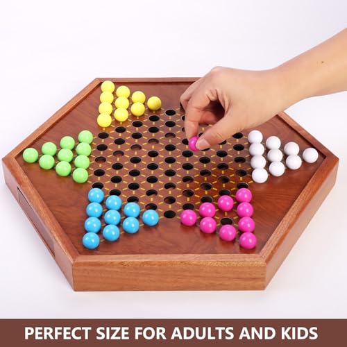 Chinese Checkers 13.7" Large Upgraded Version Wooden Game Board,with 16mm（0.62"） 60+Spare Acrylic Marbles,Classic Strategy Family Board Game.