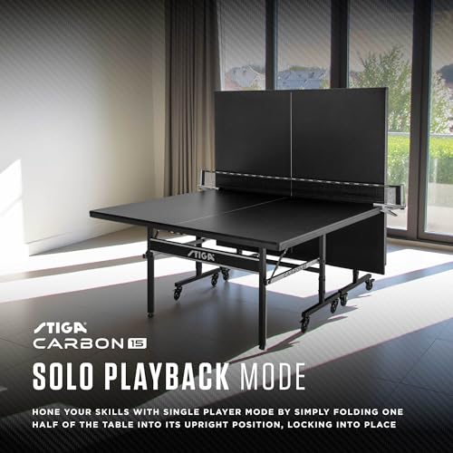 STIGA Carbon Series Indoor Table Tennis Table with 15mm - 18mm Performance Top, QuickPlay Assembly, Built-in Ball Storage, Foldable Playback Mode & Lockable Casters - style: Carbon 15
