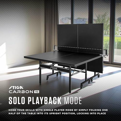 STIGA Carbon Series Indoor Table Tennis Table with 15mm - 18mm Performance Top, QuickPlay Assembly, Built-in Ball Storage, Foldable Playback Mode & Lockable Casters - style: Carbon 15