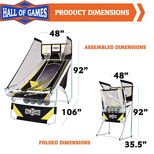 Hall of Games Xtra Long Shot EZ-Fold Premium Arcade Basketball Game with Built-in 4-Ball Storage Rack, Pop Off with The Perfect Basketball Game