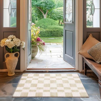 EVERGRACE Checkered Plaid Area Rug 2x3, Soft Fuzzy Faux Wool Rugs Washable Anti Slip Rugs Small Rug Carpet for Entryway Bedroom Living Room Hallway Kitchen Dining Room and Laundry Room, Beige - color: Beige, size: 2' x 3' (Rectangular)
