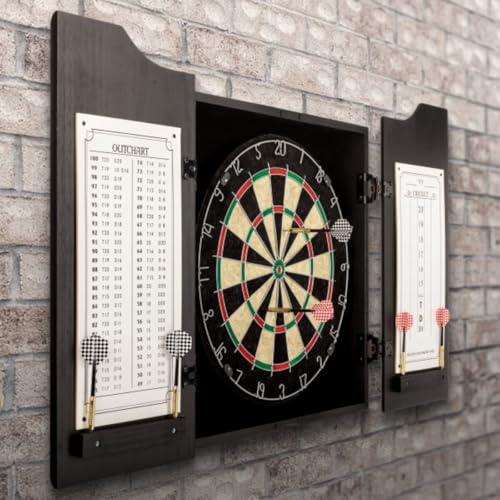 Dart Board Cabinet Set - Natural Pinewood Cabinet with Self-Healing Sisal Dartboard, 6 Steel Tip Darts, Dart Holders, Scoreboard, and Out Chart - Man Cave, Bar or Game Room Decor by Trademark Gameroom