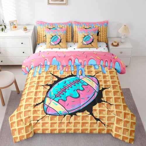 Erosebridal American Football Twin Bedding Set 7 Piece Ice Cream Drip Dessert Bed in A Bag with Sheets Trendy Watercolor Rugby Ball Room Decor Comforter Set,Plaid Colorful Candy Bed Sets - color: Black Pink, size: Twin