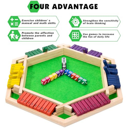 Shut The Box Game Large for 6 Players, 15 inch Wooden Board Table Math Game with 16 Dice and Instructions, Classics Close The Box Board Game - size: 14.99 INCH