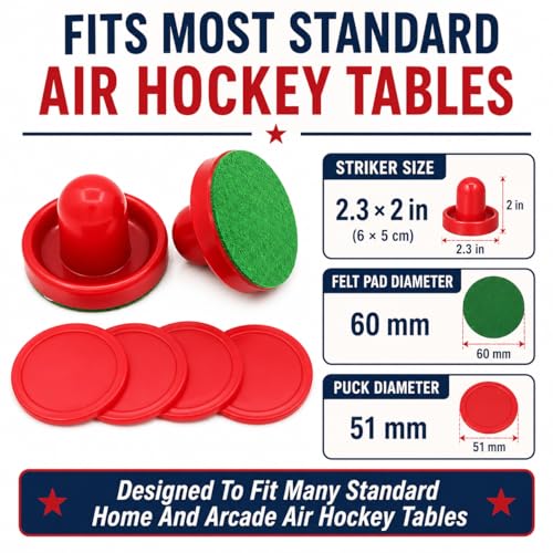 2 Sets Air Hockey Pusher and Puck Replacement Parts 60mm Red Striker Handles with Felt Pads and 51mm Red Round Pucks Air Hockey Table Accessories Plastic Mallet Goal Shooter Kit for Game Tables