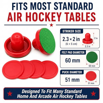 2 Sets Air Hockey Pusher and Puck Replacement Parts 60mm Red Striker Handles with Felt Pads and 51mm Red Round Pucks Air Hockey Table Accessories Plastic Mallet Goal Shooter Kit for Game Tables