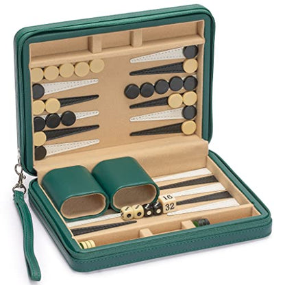 Yellow Mountain Imports Travel Size Backgammon Mini Game Set, Izmir - Magnetic Checkers and 9-inch Board in Sleek Leatherette Case - Classic Strategy Board Game - color: Green