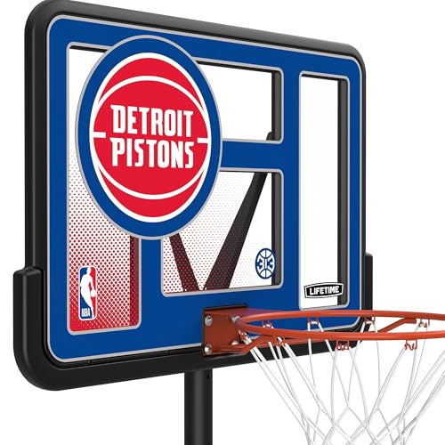 Lifetime NBA Detroit Pistons Portable Basketball Hoop, Adjustable Height 7.5-10 Ft, 44 Inch Shatterproof Fusion Backboard, Base with Wheels - color: Detroit Pistons