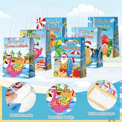 Kolldenn 48 Pcs Hawaiian Christmas Goodie Bags Summer Christmas Party Favor Bag Xmas Gift Paper Bags with Handle Tropical Beach Santa Flamingo Candy Treat Pouch for Xmas Pool Birthday Party - style: July Christmas