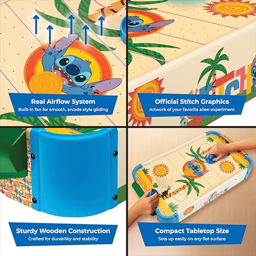 Disney Lilo and Stitch Air Hockey Table for Kids - Wooden Tabletop Game with Puck, Pushers & Air Flow System - Disney Licensed - Kids 4+