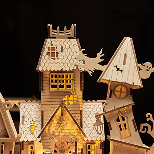 3D Wooden Puzzles Halloween House Kits Includes Light Strip, Brainteaser and Puzzle for Halloween/Birthday,Gifts for Adults and Teens to Build Combination - style: Halloween House