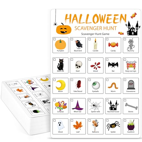 Hoolerry 30 Pcs Scavenger Hunt for Kids Road Trip Game Car Spring Summer Wedding Scavenger Hunt Cards Travel Activities Camping Games Outdoor Indoor Seek Activity for Kids Adults (Halloween) - style: Halloween