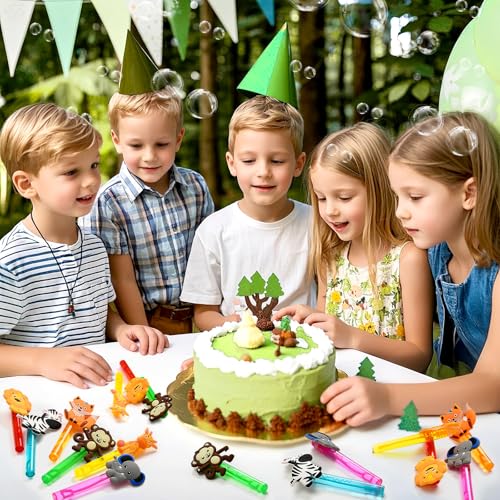 Winrayk Safari Party Favors, 24Pcs Jungle Animals Mini Bubble Wands for Kids Bubbles Bulk with Detachable Topper (6 Styles & Colors), Birthday Goodie Bag Stuffer Classroom Prizes Wild One Party Favors - style: Safari