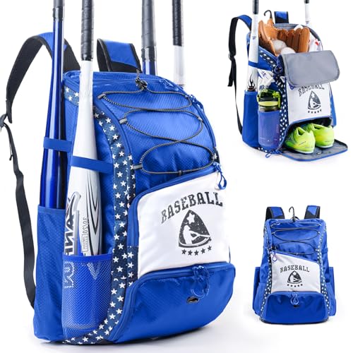 Baseball Bag for Youth & Adult with 4 Bat Sleeves - Softball Bat Bag with Shoe Compartment - Baseball Backpack for T-Ball, Softball Equipment, Baseball Gear, Baseball Bags for Boys 8-12 - color: Blue, size: Large