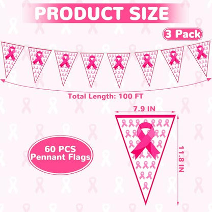100 FT Breast Cancer Awareness Decorations, 3 Pack Pre-assemble Pink Ribbon Pennant Banner Flags, 60 PCS Plastic Pennants Flags Indoor Outdoor Party Supplies Home Office Ceiling Wall Hanging Decor - style: Breast Cancer