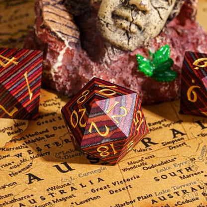 Wood DND Dice Set Red Orange Striped Handmade Wood Dice Set for Role Playing Games and Tabletop Game - color: Red Orange Grey Striped
