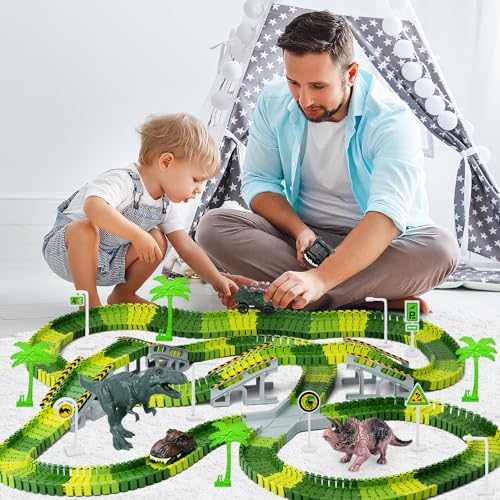 Dinosaur Toys,Create A Dinosaur World Road Race,Flexible Track Playset and 2 pcs Cool Dinosaur car for 3 4 5 6 Year & Up Old boy Girls Best Gift - color: Green