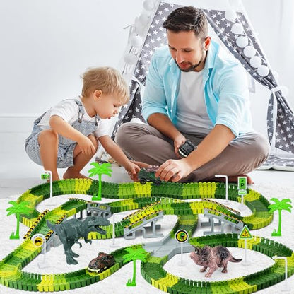 Dinosaur Toys,Create A Dinosaur World Road Race,Flexible Track Playset and 2 pcs Cool Dinosaur car for 3 4 5 6 Year & Up Old boy Girls Best Gift - color: Green