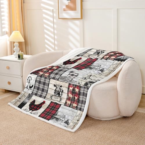 Rustic Farm Animal Fleece Bed Blanket Baby 30"X40" Retro Buffalo Plaid Farmhouse Cabin Throw Blanket Country Sheep Chicken Cow Print Sherpa Blanket,Grid Windmill Flannel Blanket Red Black Grey - color: Pattern 16, size: Baby(30"x40")