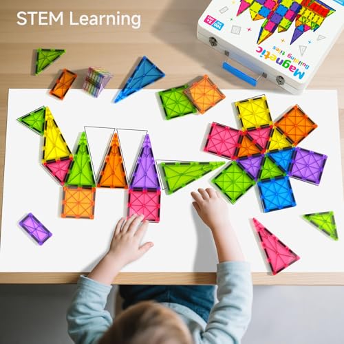100Pcs Premium Magnetic Tiles Toys Set with Sturdy Iron Case, STEM Educational Building Blocks for Kids Ages 3-5 4-8, Montessori Sensory Toys, Creative Birthday Gifts for Toddler Boys & Girls - size: 100 PCS