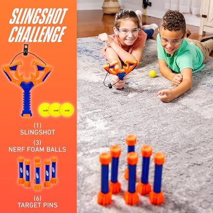 Nerf Slingshot Challenge - Kids Slingshot Bowling Game Set - Toy Target Game for Kids - Foam Ball Shooter Balls Included - Fun Toy for Boys + Girls