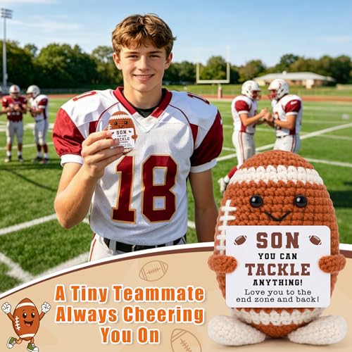 Fathers Day Son Gifts from Dad Mom, Son Birthday Gifts, Graduation Gift for Teen Boys High School College Students, 7 8 9 13 16 18 Year Old Boy Birthday Gift, Handmade Crochet Football Lover Present - style: son