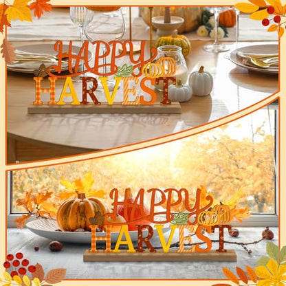 Fall Decorations for Home Metal Happy Harvest Sign, Orange Harvest Pumpkin Table Decor Thanksgiving Tiered Tray Decor Rustic Autumn Metal Sign Tabletop Centerpiece for Home Mantel Shelf Desk - style: Happy Harvest