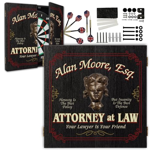 Personalized Dart Board Cabinet Set with 6 Steel Tip Darts, Paper Fibre Dartboard, Chalk & Eraser (21.5 x 21.5 x 2.75") - Occupational Man Cave Dart Boards for Adults - Attorney at Law (403) - style: Attorney at Law Dartboard & Cabinet Set