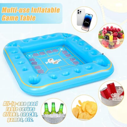 Elcoho 55 x 55 Inch Extra Large Inflatable Game Table with Waterproof Playing Cards Floating Pool Table Drink Holder Inflatable Ice Serving Tray Buffet Bar for Pool Summer Party, Light Blue - color: Light Blue