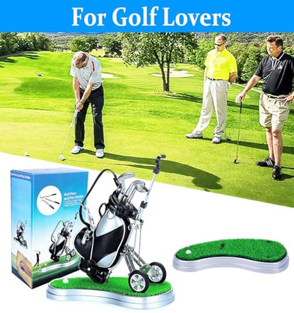 Golf Pen Holder with 3 Club Pens and Movable Golf Cart, Mini Golf Bag Desk Decor for Office, Funny Golf Gifts for Men, Dad, Boss - Stocking Stuffers for Golfers on Birthday, Christmas, Fathers Day - style: Golf Bag w/Cart