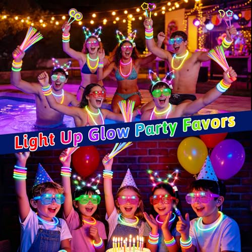 156Pcs Glow In The Dark Party Supplies for Kids/Adults, Light Up Accessories with Glasses, Headband, Bracelets, Necklaces, Wand, 100 Glow Sticks Bulk Party Pack, Neon Disco Birthday Party Decorations