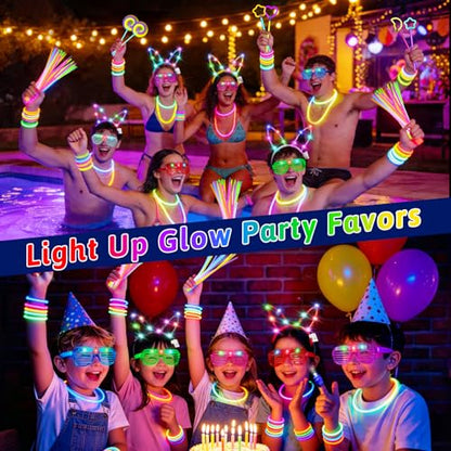 156Pcs Glow In The Dark Party Supplies for Kids/Adults, Light Up Accessories with Glasses, Headband, Bracelets, Necklaces, Wand, 100 Glow Sticks Bulk Party Pack, Neon Disco Birthday Party Decorations